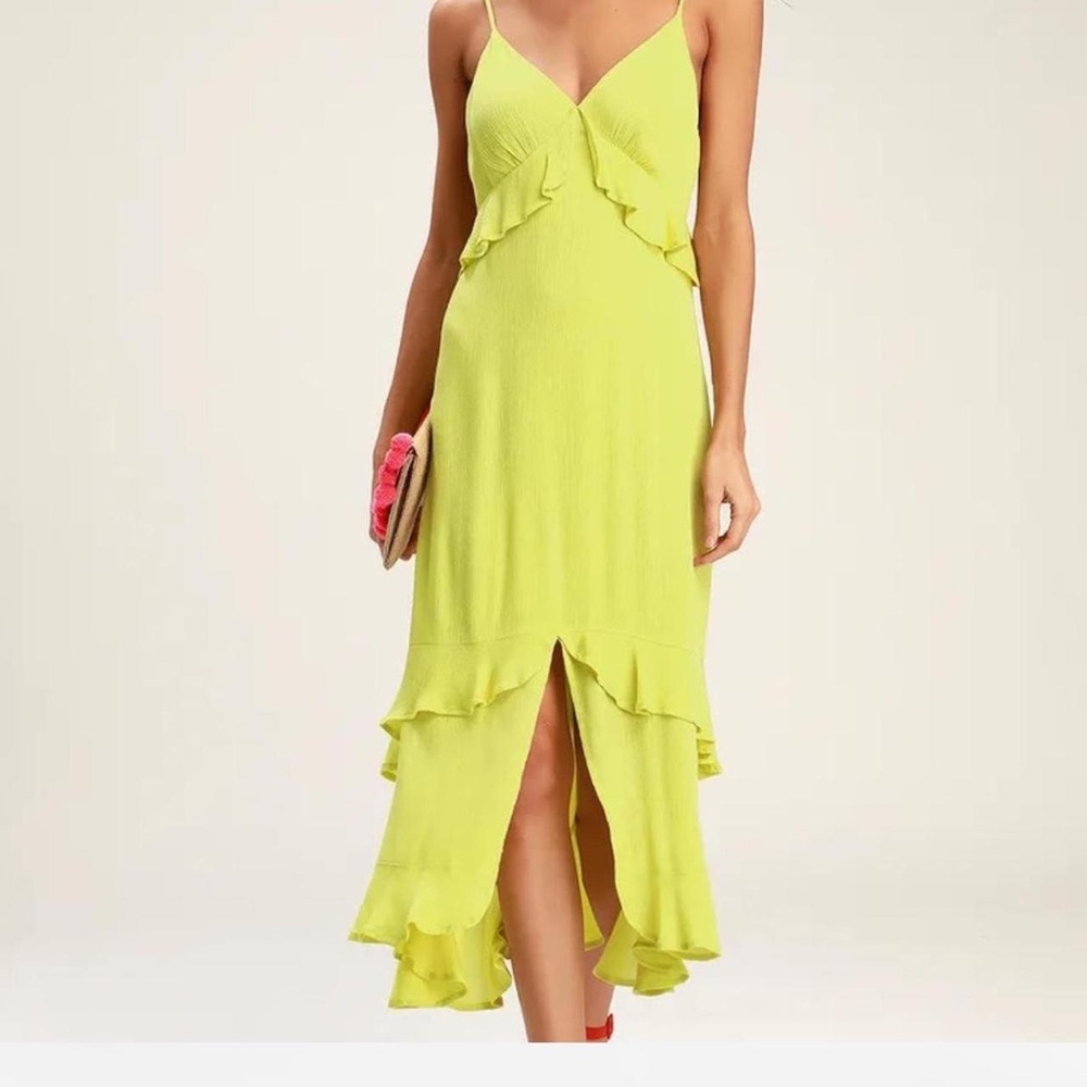 Lulu's Chartreuse High-Low Ruffle Slip Dress